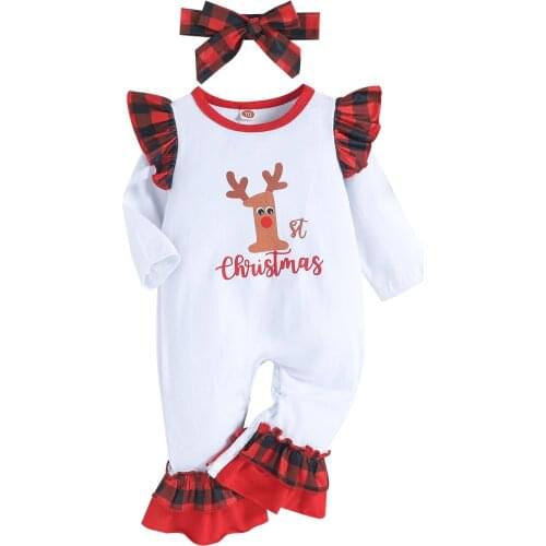 Baby Girl Plaid Romper, Long Sleeve Ruffle Plaid Round Neck Xmas Elk Print Jumpsuit + Headband