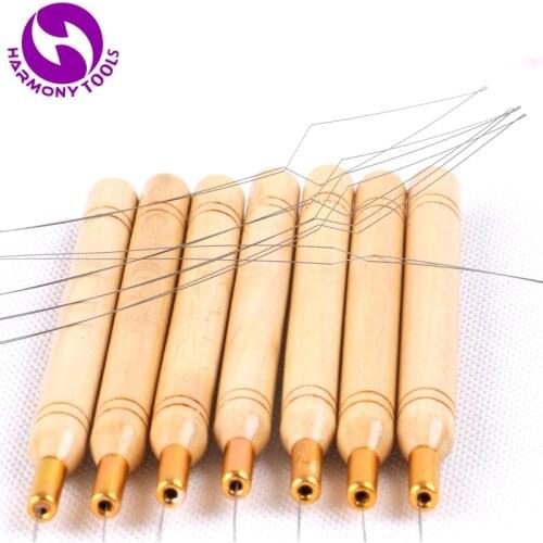 10 Pieces Wooden Handle Nano tip Loop Threader with Stainless Steel Wire for Micro Ring Beads Tip Hair Extensions