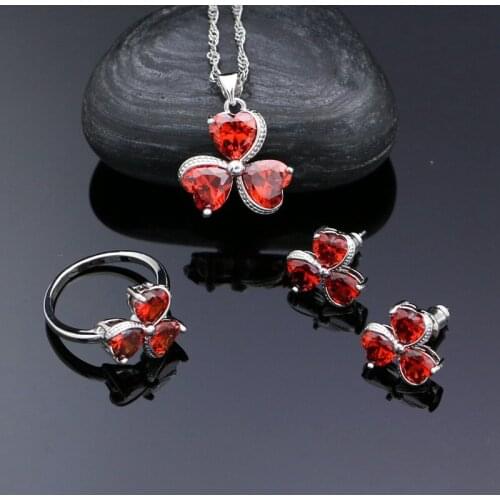 925 Silver Bridal Jewelry Sets Red Cubic Zirconia Heart Shaped Stones For Women Earrings Pendant Necklace Ring Silver Jewellery