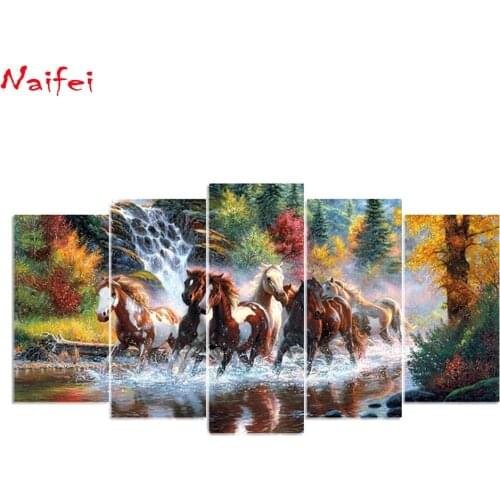DIY Full Square round Diamond Painting Horse Multi-picture Combination Animals Embroidery waterfall landscape Mosaic Home Decor