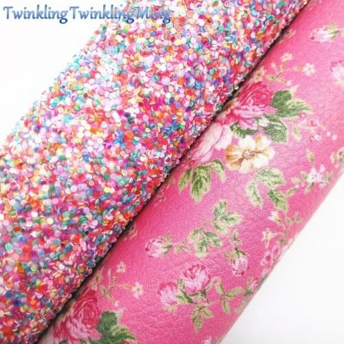 ROSE Glitter Fabric, Rose Printed Faux Leather Fabric, Synthetic Leather Sheets For Bows A4 8"x11" Twinkling Ming XM216