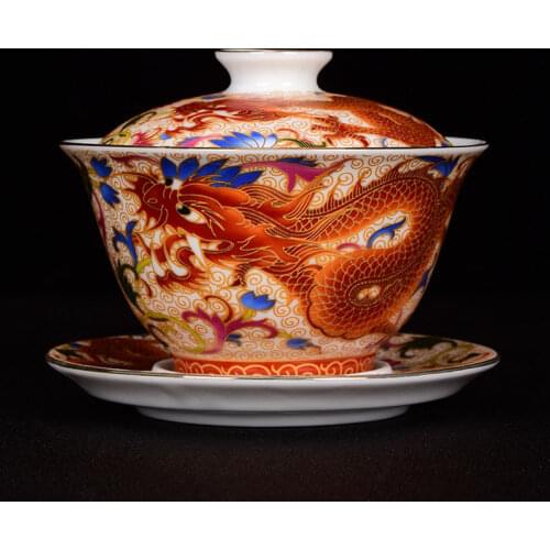 Color Enamel Dragon Phoenix Gaiwan Retro Chinese Tea Set Teacup Sancai Chawan Ceramic Tea Bowl Cup Lid and Saucer Set Teaware