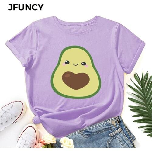 JFUNCY Plus Size Women T Shirt Summer Short Sleeve Cotton T-Shirt Cute Avocado Print Female Tops Oversize Woman Casual Tshirt