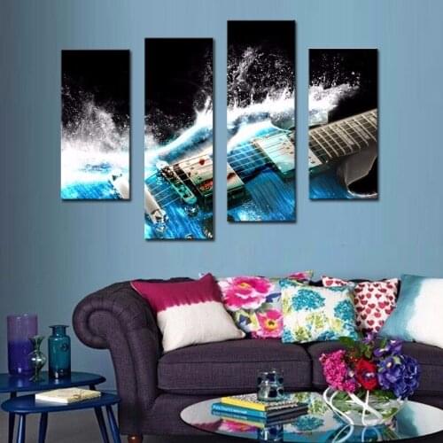 JIE DO ART 4 Picture Combination Guitar In Blue And Waves Looks Beautiful Wall Art Painting On Canvas Music Pictures For Home
