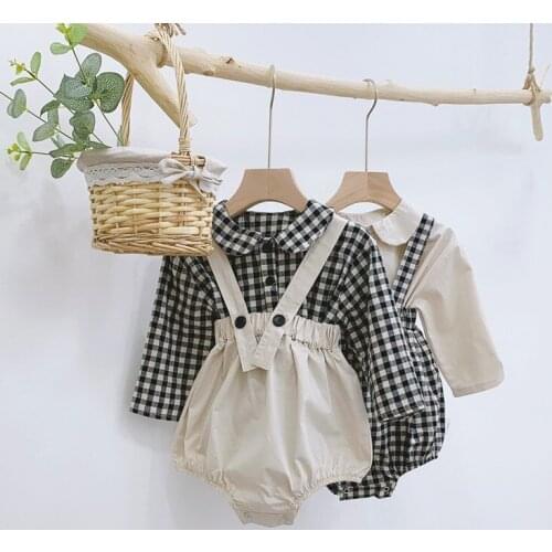 Spring fashion baby boys girls clothes sets Toddler kids cotton plaid shirts and overalls rompers 2pcs suit