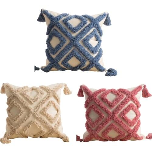 Tassels Throw Pillow Case Tribal Boho Woven Tufted Rhombus Plaid Cushion Cover