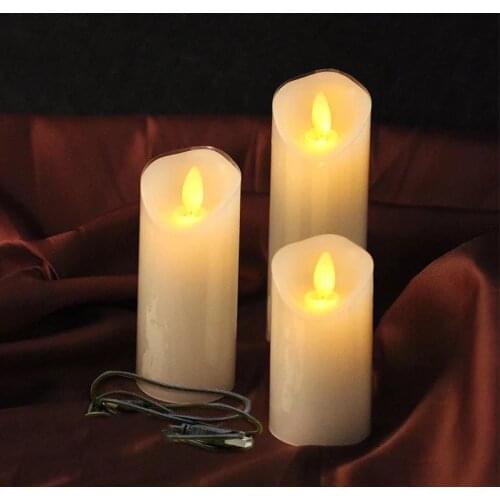 Set of 3 USB powerd Rechargeable led flickering pillar paraffin candle wavy edge moving wick Wedding Party decor 12.5-15-18CM(H)