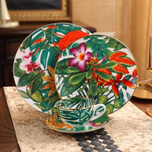 Green Leaf Tableware Set Dinner Plates Coffee Cup Saucer Water Mug Bowl Fruit Plate Home Decoration Tableware Set Kitchen Plates