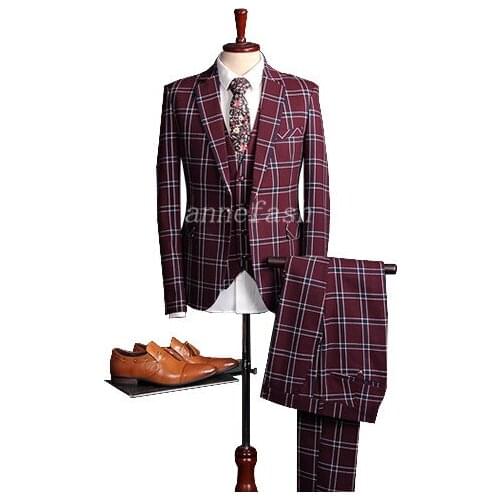 2017 new men casual suit Custom Made Men Burgundy check pattern Classic Men Slim Fit plaid Wedding Suit 3PCS