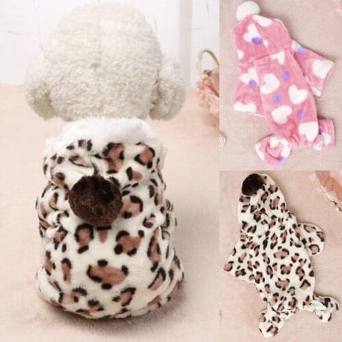 Pet Dog Puppy Cat Clothes Fleece Leopard Peach Heart Print Costume Coat Jumpsuit Hoodie Outerwear For Small Dogs Supplies