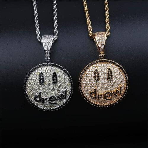 JINAO The New Smile Round Pendant Necklace With Drew Word Iced Out CZ Paved Gold Silver Color Hip Hop Jewelry For Gift
