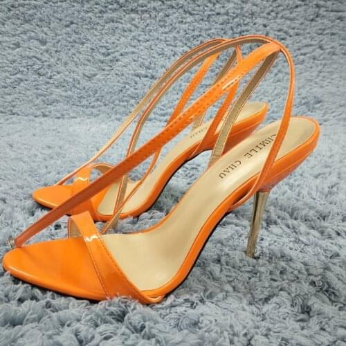 Sexy Orange Patent Sandals High Heel Slimmer Dress Party Women Sandals Summer New Open Toe Ankle Strap Stiletto 11cm Heel Shoes