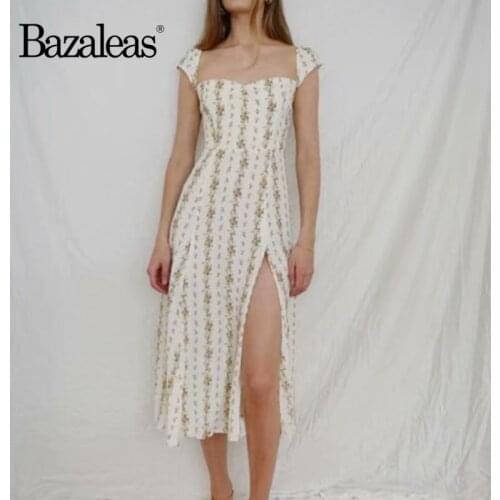 Bazaleas Vintage Stripe Floral Print Cream Women midi Dress Chiffon party dress women Chic Cap Sleeve vestidos