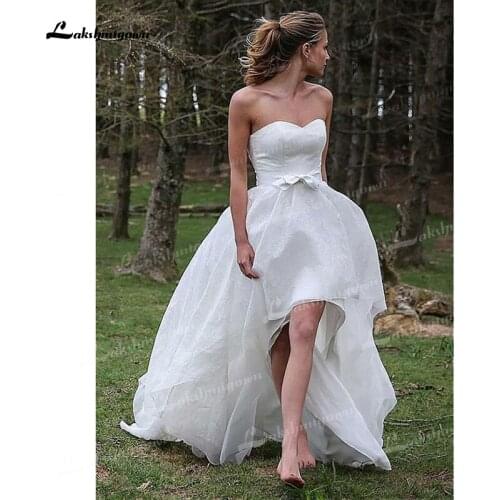 A-Line Wedding Dresses Soft Satin Top And Tulle Short In Front Long Strapless Sweetheart Neck Sashes Bow Court Train Bride Gown