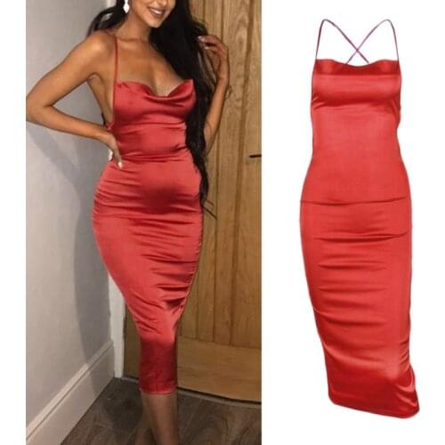 Women Sexy Sleeveless Halter Bodycon Satin Midi Long Dress Criss-Cross Bandage Backless Empire Waist Cocktail Clubwear Q1FA