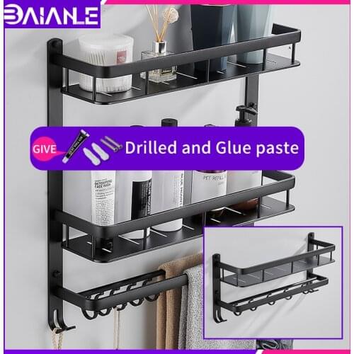 Bathroom shelves towel rack with wall mount three layers shower organizer shampoo glue paste beauty mirror shelf
