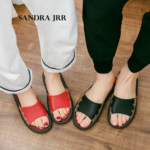 SANDRA JRR Spring Summer Autumn Men Women Slippers Embroidery House Shoes Flat Heel Open Toe Leather Slides Sandals