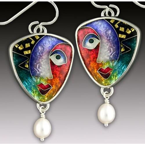 Personality Earrings Sun Moon Face Celestial Pattern Pearls Earrings Asymmetry Creative Abstract Enamel Colorful Earring Jewelry