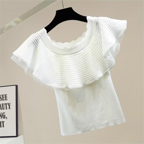 Mesh Patchwork Sweet Lotus Leaf Off Neck Slim Short Sweater Ladies Crop Top Knitwear Sexy Sleeveless Jumper White Black