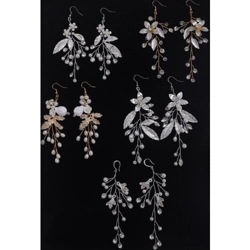 Bridal Earring Handmade Rhinestones Crystal Pearl Leaf Accessories Wedding Dangle Earring Bridal Fashion Women Girl drop Jewelry