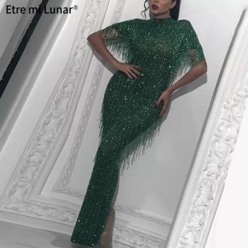 2021 Green Sexy O-Neck Tassel Sequins Evening Dress Short Sleeves Mermaid Split Evening Gowns Robe de soiree LE4067