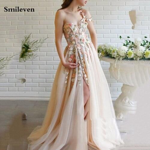 Smileven 3D Flowers Evening Dresses Puff Tulle Front Split Prom Party Dresses Fairy Longo Prom Gowns