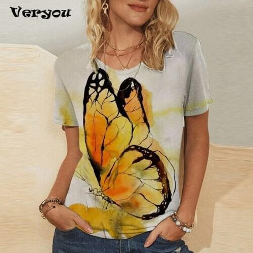 New Fashion Women T Shirt Print Casual T-shirt Color Butterflies Print O Neck Plus size Female Tops 2021 Summer Tee Loose Shirts