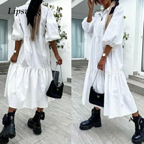 Women Vintage Spring Solid Party Dress Elegant Button Turn-Down Loose Shirt Dress Summer Half Sleeve A-Line Long Dress Vestidos
