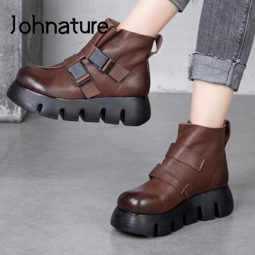 Johnature Winter Women Boots Genuine Leather 2020 New Women Shoes Buckle Strap Round Toe Wedges Handmade Ankle Platform Boots