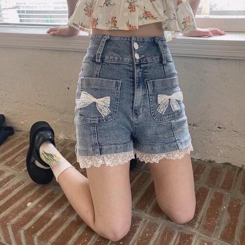 2021 Summer Blue Sweet Kawaii Jeans Women Slim Bowknot Casual Sweet Cute Jeans Lace High Waist Princess Korean Fashion Clothing