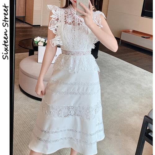 2021 New White Lace Embroidery Dresses Woman High Waist O-neck Short Sleeve Vestido Mujer Vintage Elegant Party Mid Dress Female