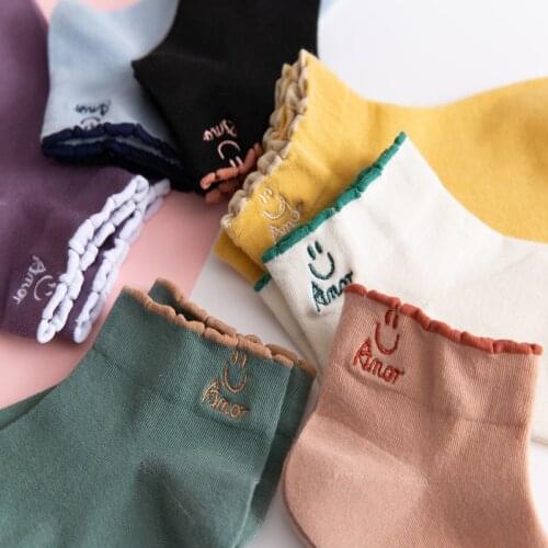 14Pieces=7Pairs/Lot Socks Women Cute Smiley Cotton Funny Happy Ankle Socks Pack Japanese Harajuku Embroidery Casual Socks Set