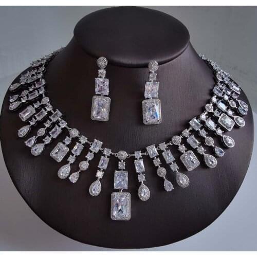 2021 new fashion luxury RED BLUE GREEN CZ zircon necklace earring set,wedding bridel dinner banquet dress jewelry free shipping