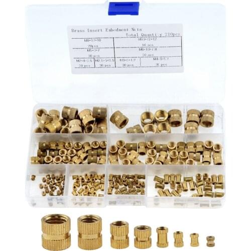 210PCS/Set M2-M10 Brass Cylinder Knurled Threaded Round Insert Embedded Nuts Kit With Plastic Box