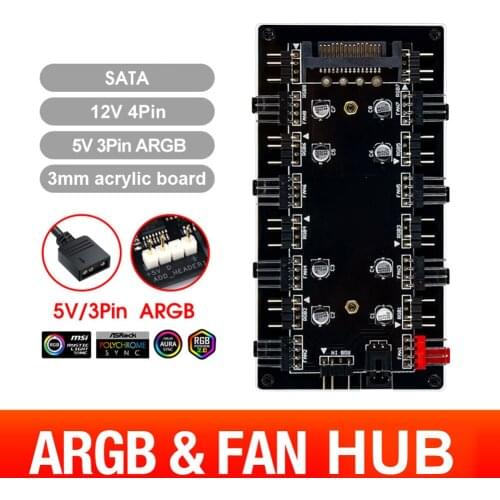 5V/3 Pin ARGB 4 Pin Fan PWM HUB 1 To 8 Multi Way Splitter for PC Motherboard LED Light Control Adapter Powered By SATA/Large 4D