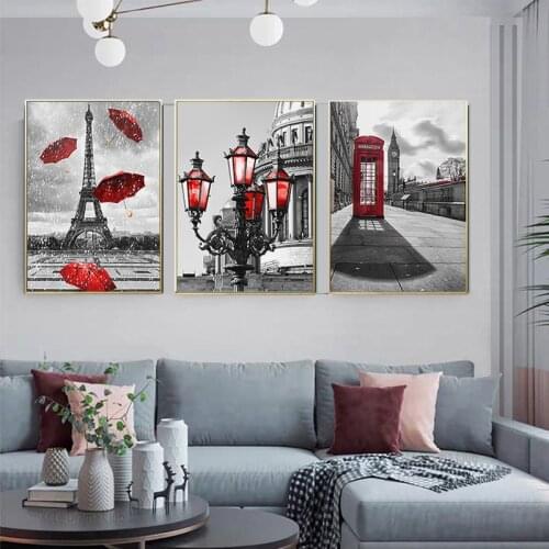 Abstract Modern City Red Poster Umbrella Building Black White Wall Art Paris Street Canvas Painting Decoration Picture Art Decor
