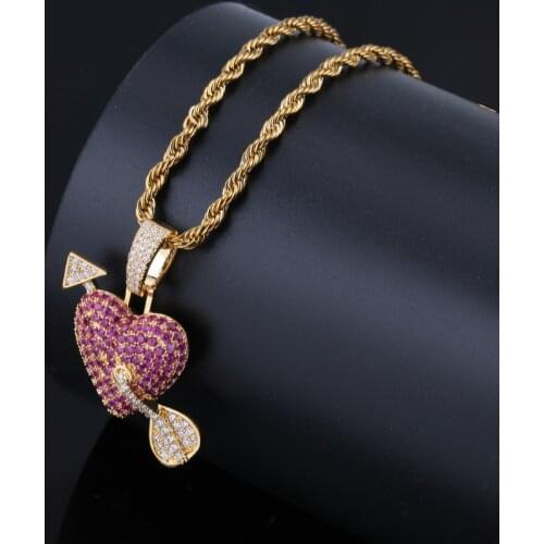 AAA+ Cubic Zirconia Paved Iced Out Bling Cupid Arrow Heart Lover Pendants Necklace for Men Women Hip Hop Rapper Jewelry