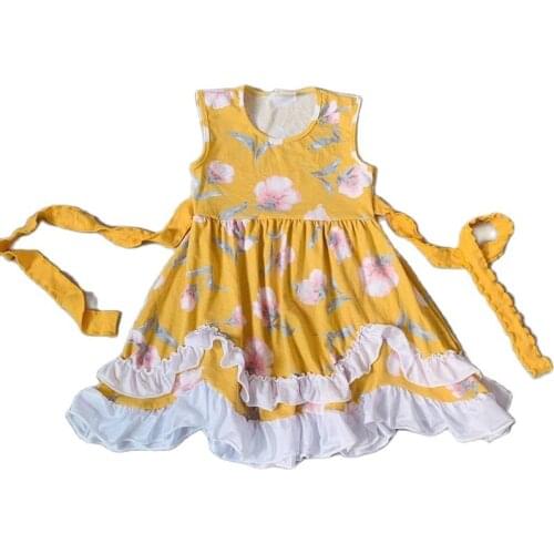 New girl design Summer Children Cotton yellow floral pattern lace dress Dark swirl dress with waistband