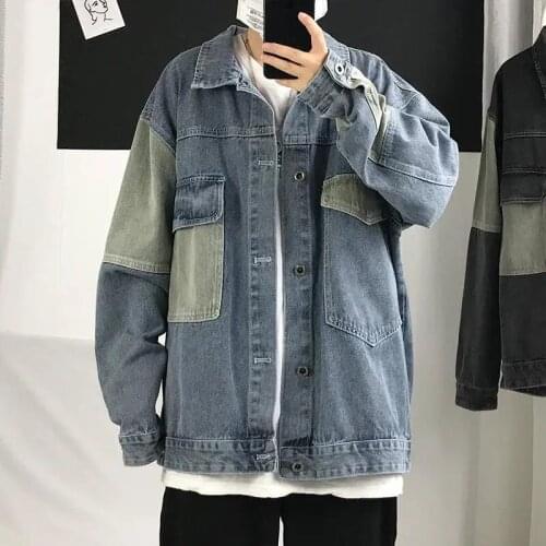 Men Jean Jacket Vintage Patchwork Loose Denim Coat Male Korean Casual Turn-Down Collar Outwear Streetwear Autumn Clothes Jaqueta