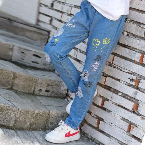 Girls Jeans Hole Girl Jeans Floral Pattern Childrens Jeans For Boys Spring Autumn Childrens Clothing Casual Style