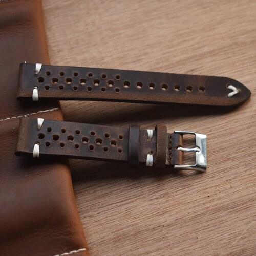 Vintage Hand-Stitched Leather Watch Strap Tanned Oil Waxed & Suede calfskin Perforated Watch Bands 18mm 20mm 22mm