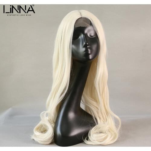 LINNA 26 Inch Synthetic Lace Wigs For Women High Temperature Fiber Cosplay Wig Long Wavy Natural Hairline White Blonde Wigs