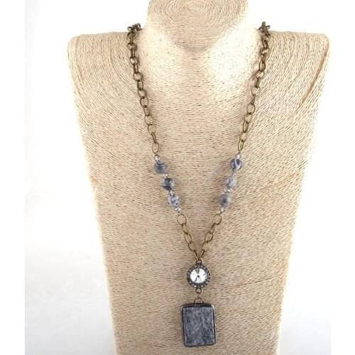 Fashion Bohemian Tribal Jewelry Antique Chain 10mm Stone and Crystal Links Rectangle Stone Pendant Necklaces For Women
