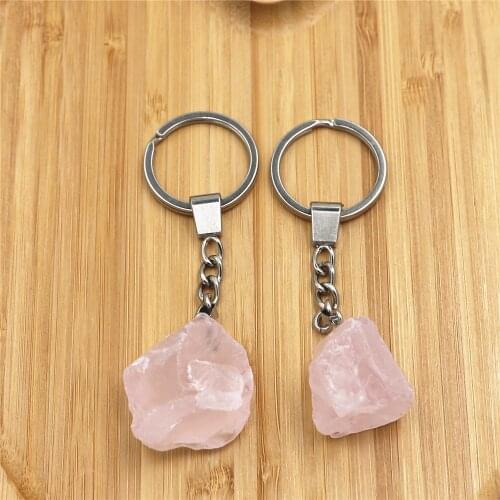 Natural Stone Powder Crystal Key Ring Keychain Women Men Natural Fluorite Irregular Gemstones Rose Quartzs Keychain