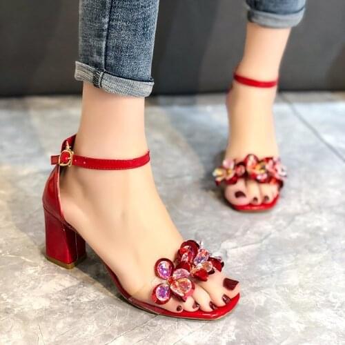2021 New Sandals Womens New High-heeled Womens Sandals One Word Buckle Rhinestone Thick with Fish Mouth Womens Shoes