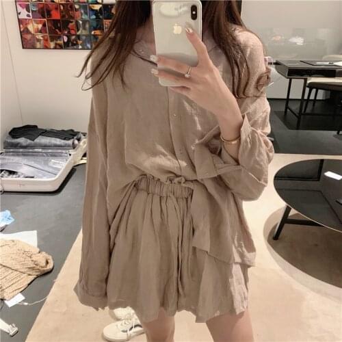 New Summer Casual Tracksuits Shorts Set 2 Two Piece Sets Suits Women Single Breasted Loose Shirt with Elastic High Waist Shorts