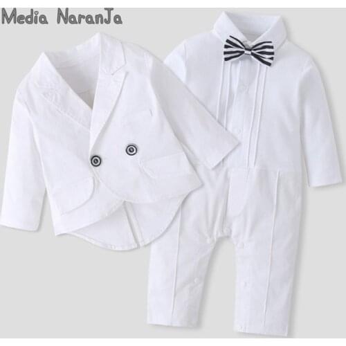 Baby boy autumn long-sleeved dress infant toddler gentleman white tie suit tuxedo romper+jacket party wedding outfits