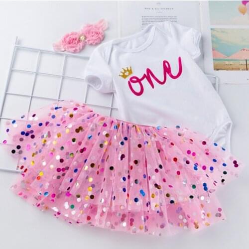 One Year Rainbow Dress Girl Birthday Printing Letter Short Sleeve Sequins Dot Gauze Skirt Suit ropa baby niña invierno vestido