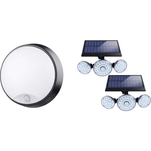 10W LED Wall Ceiling Mounted Round Circular Bulkhead Light & Solar Lights,3 Head Motion Sensor Lights Adjustable 140LED