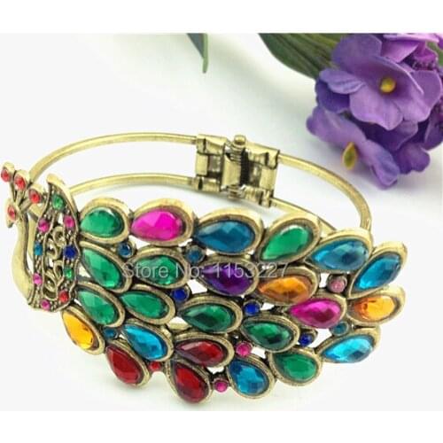 Punk style gold alloy cuff colorful stone peacock design bangles